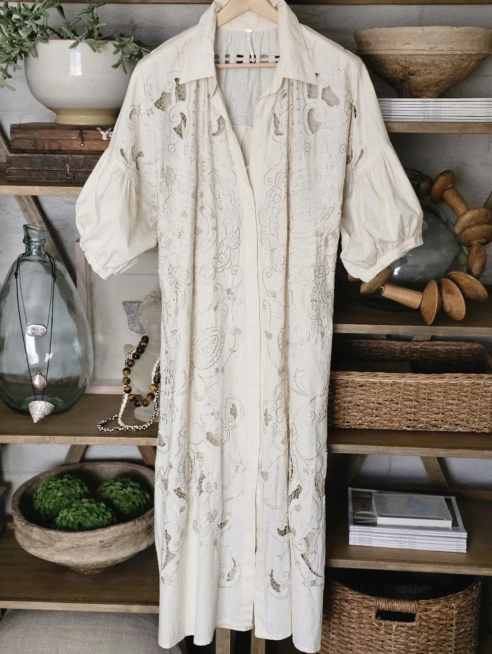 Free People Embroidery Oversized Button Front Kaftan Lace Dress NWOT
